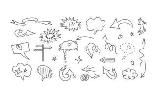 Vector doodle elements set. Arrows, heart, items for conceptual design. White icons on isolated background.