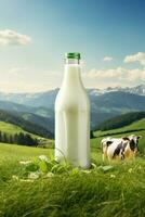 botella de Leche en contra verde prado con pasto vacas generativo ai foto