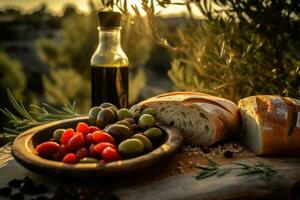 aceituna aceite, un pan y vegetales en mesa al aire libre. generativo ai foto