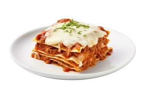 Piece of lasagna bolognese on plate isolated. Italian cuisine. Generative AI photo