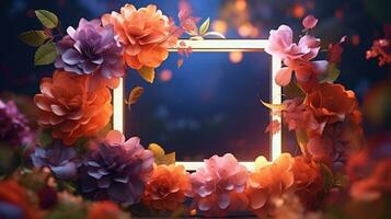 Neon frame and flowers background. Generative AI photo