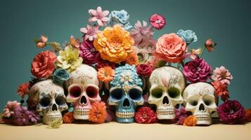 calaveras con floral decoraciones composición para día de muerto. generativo ai foto