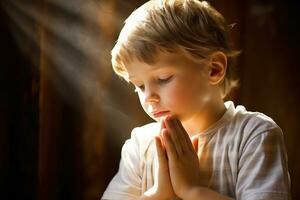 Little boy prays with folded hands. Generative AI photo