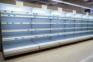 Food shortage. Empty supermarket shelves. Generative AI photo