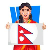 Young ethnic nepalese woman standing and holding the nepal flag as a symbol of pride and patriotism. Stock vector character for Nepal Republic or Independence day