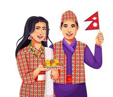 Nepal young people celebrate the Republic Day of Nepal on 29 May. People in Ethnic clothing celebrating holding flags and sweets vector