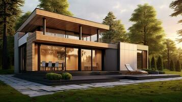 Eco-friendly modern house surrounded by trees, AI Generative photo