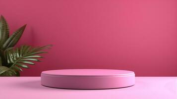 Products display podium pink wall background, geometric platform, AI generative photo