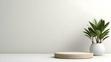 Empty podium for product display, white wall background with plant, AI Generative photo