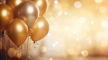 Golden balloons with bokeh background, copy space, AI Generative photo