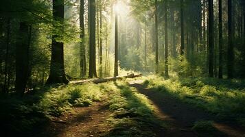 lozano bosque con hojas y árboles, luz de sol, ai generativo foto