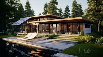 Eco-friendly modern house surrounded by trees, AI Generative photo