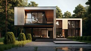 Eco-friendly modern house surrounded by trees, AI Generative photo