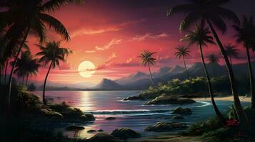Beautiful beach with palm trees, Sunset beach, AI Generative photo