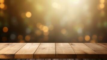 Empty wooden tabletop with blurry nature, product display background, AI Generative photo