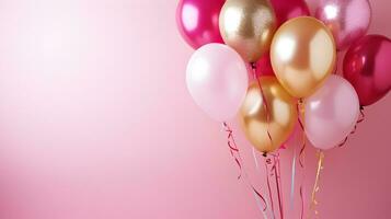 bouquets of gold and pink helium balloons on pink background, AI Generative photo