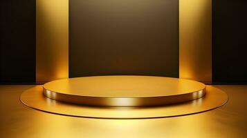 Products display podium background, luxury gold geometric platform, AI generative photo