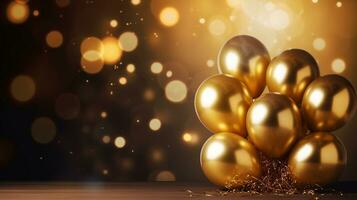 Golden balloons with bokeh background, copy space, AI Generative photo