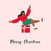 Christmas card with a cheerful woman sitting on a big red gift. vector