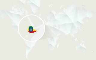 Ethiopia map with flag in contour on white polygonal World Map. vector