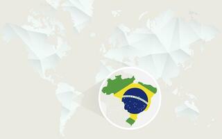 Brasil mapa con bandera en contorno en blanco poligonal mundo mapa. vector