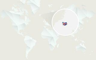 Iceland map with flag in contour on white polygonal World Map. vector