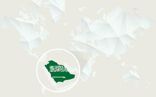 Saudi Arabia map with flag in contour on white polygonal World Map. vector