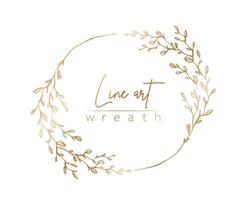 Botanical gold line illustration of leaves and branch wreath for wedding invitation and cards, logo design, web, social media and posters template. Elegant minimal style floral vector isolated.