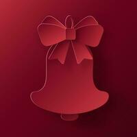 Vector red christmas paper cut 3d bell with bow pendant on bordeaux colored background. Xmas design elements for presentation, banner, cover, web, flyer, card, sale, poster, slide and social media