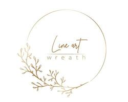 Botanical gold line illustration of leaves and branch wreath for wedding invitation and cards, logo design, web, social media and posters template. Elegant minimal style floral vector isolated.