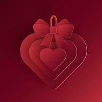 Vector red christmas paper cut 3d heart with bow pendant on bordeaux colored background. Xmas design elements for presentation, banner, cover, web, flyer, card, sale, poster, slide and social media