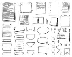 Set of cliparts for daily planning. Memo pages, speech bubbles, check marks, bookmark stickers, paper blanks template in doodle style. Hand drawn vector elements isolated on white.