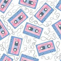 Seamless pattern with audio cassette and unwound tape. Retro mixtape of tunes and songs 80s or 90s. Audio equipment for analog music records. Trendy groovy background for poster, wrapping, wallpaper vector