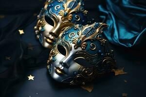 Festive Venetian carnival mask with gold decorations on dark blue background. Generative AI photo