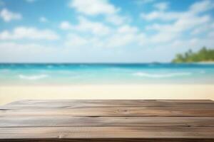 Wooden table top on blurred beach background. Generative AI photo