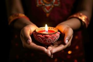 Woman hands with henna holding colorful clay diya lamps lit during diwali celebration Generative AI photo