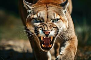 rugido Puma o montaña león caza sus presa. generativo ai foto