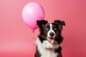 Border collie dog with balloon on pink background. Generative AI photo