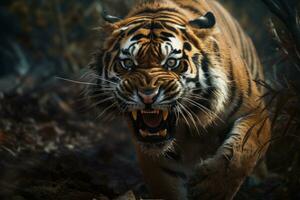 Angry tiger in the jungle. Generative AI photo