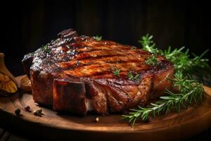 Roasted pork steak on the dark wooden surface. Generative AI photo
