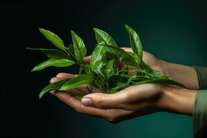 Female hands holding green tea leaves. AI Generative photo