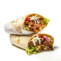 Tortilla wraps with meat, bacon, salad and mayonnaise. AI Generative photo