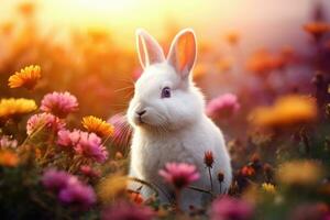 A fluffy white rabbit sitting in a flowering meadow. Pet. AI Generative photo