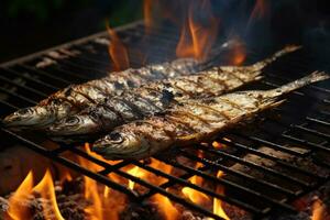 Grilled fish on charcoal. AI Generative photo