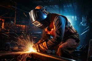 Industrial welder with torch in the factory photo