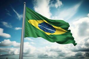 Brazilian flag flying on a flagpole. AI Generative photo