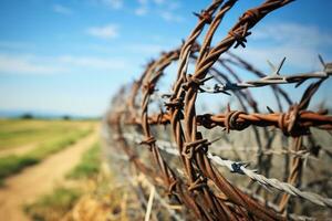 Barbed and razor wire fence. Fencing the state border against immigration photo