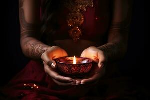 Woman hands with henna holding colorful clay diya lamps lit during diwali celebration. AI Generative photo