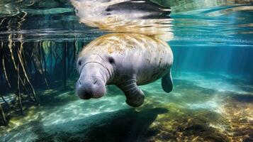 Florida manatee in clear water. AI Generative photo