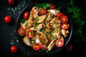 Grilled chicken salad with tomatoes and herbs in a bowl photo